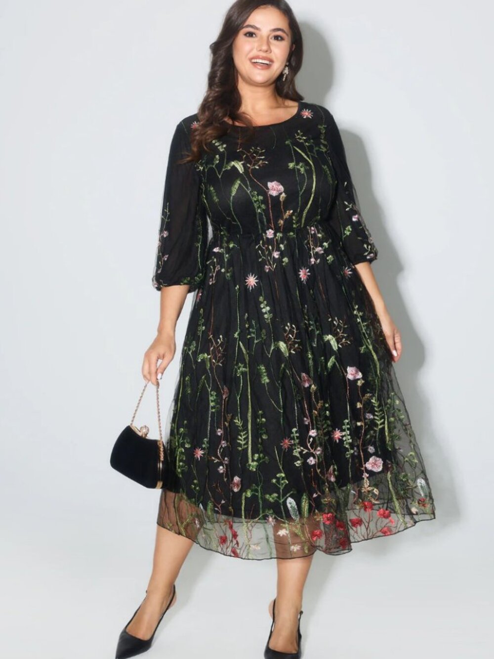 BloomChic Black Floral Embroidered Mesh Midi Dress 3X 22/24 NWT Cottagecore